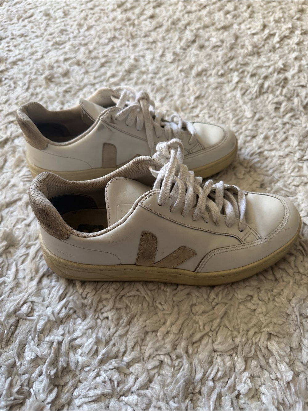 Veja V-12 White and Beige Women's Leather Sneakers - Casual Lace-Up